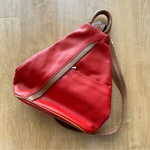 Vera Pelle Genuine Soft Italian Leather Backpack/Rucksack Shoulder Bag, Red/Tan